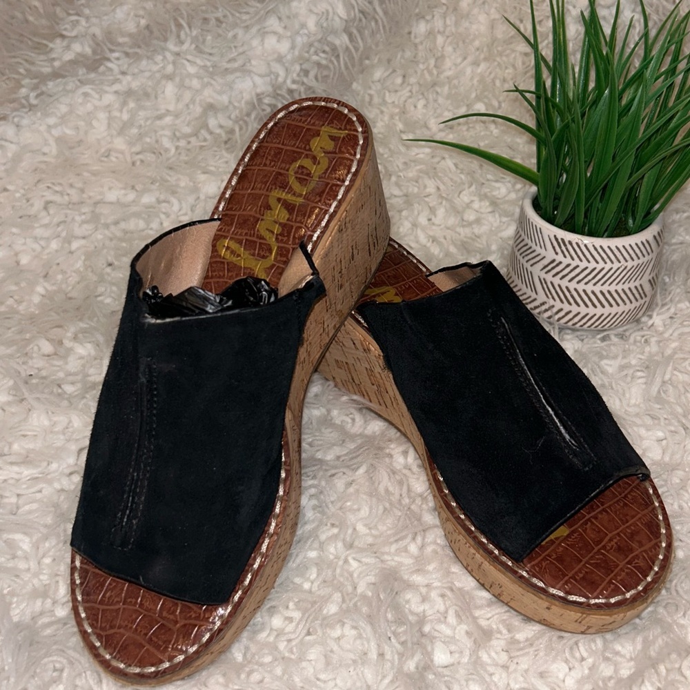 50%offw❤️ Sam Edelman Cork black suede platform mules 8 flaw wear heel see photo